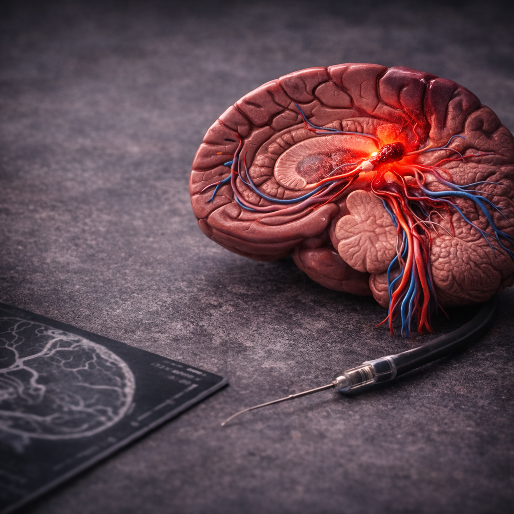 Stroke and thrombectomy — brain with highlighted lesion and catheter